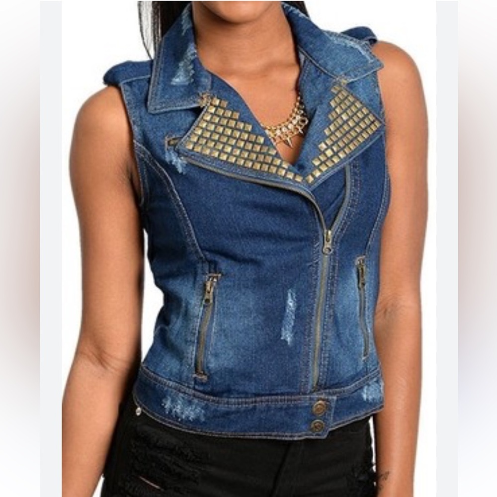 Dolled Up Studded Denim Zip Front Vest